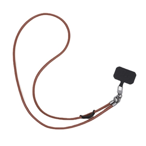 Brown leather crossbody phone lanyard with silver metal hook and secure attachment pad