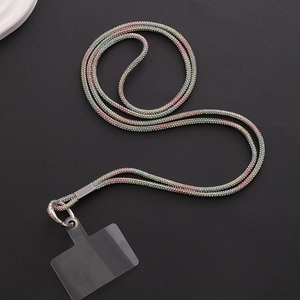 Detailed macro view of mint green and pink gradient rhinestone mesh phone lanyard
