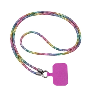 Rainbow rhinestone crossbody phone lanyard with silver metal ring and purple insert