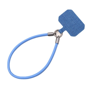 Blue leather wrist strap phone lanyard with durable metal clasp and connector pad