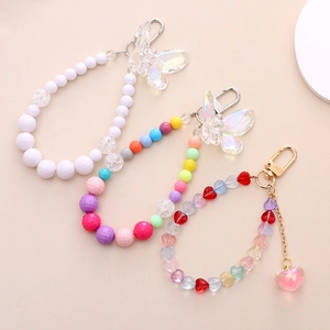 Handmade Beaded Keychain With Heart Butterfly Pendant Resin Acrylic Beads Phone Case Strap For Women Sweet Elegant Accessory