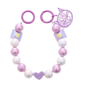 Purple mermaid style beaded phone strap with candy bow and cat charm on white background