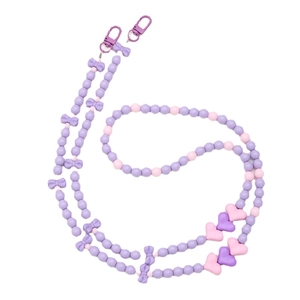 Lanière de téléphone en perles acryliques violettes et roses avec nœuds et cœurs