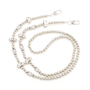 Silver beaded crossbody phone strap with heart charms and sparkling rhinestone balls