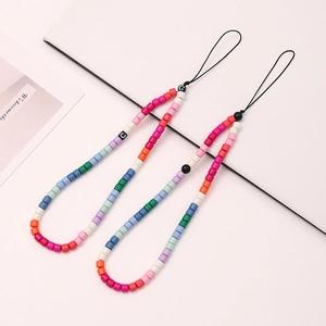 Rainbow beaded phone strap set with colorful cylinder beads and a cute smiley face charm
