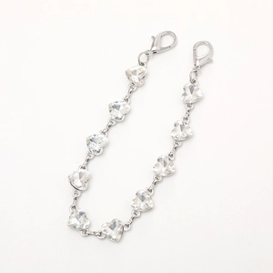Silver metal chain with heart-shaped crystals and lobster clasps for phone or bag charm