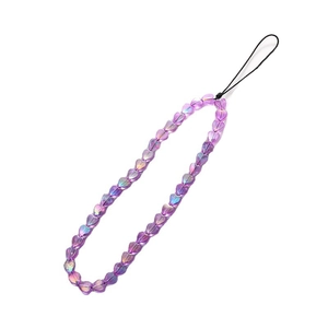 Bijou de téléphone avec perles de cœur violettes irisées et dragonne anti-perte