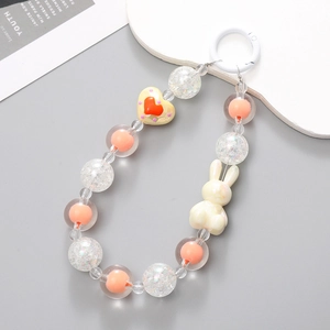 Beaded phone charm with white bunny pendant and colorful acrylic beads accessory
