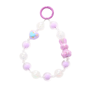 Purple beaded phone strap with cute rabbit pendant and heart bead on white background