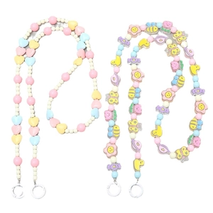 Colorful acrylic heart and cartoon bee beaded phone lanyard with silver metal ring clasp