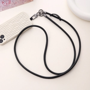 Black braided leather phone lanyard with white wavy textured case and gray metal buckle