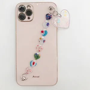 Beaded phone lanyard with colorful heart beads and cartoon dog acrylic charm pendant