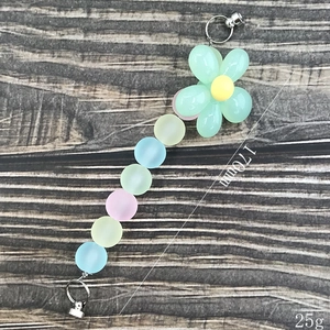 Colorful frosted beaded lanyard with mint green flower and metal rings, 170mm length