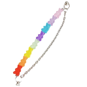 Rainbow gradient resin bear bracelet with dual silver alloy chains and lobster clasps