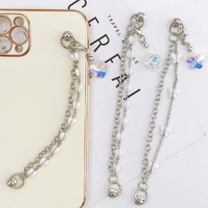 Three-piece set of silver metal phone charms with laser-gradient heart and butterfly beads