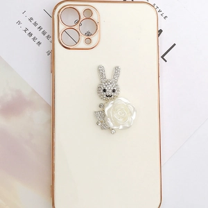 Zinc alloy 3D rabbit and rose phone case with rhinestones for iPhone models