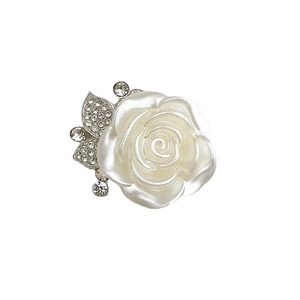Elegant white resin rose DIY accessory with silver leaves and sparkling rhinestones