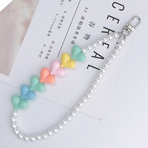 Acrylic heart beads and pearl phone charm strap with silver metal spring clip