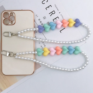 Acrylic pearl phone strap with colorful heart beads and silver lobster clasp