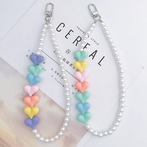 Acrylic Artificial Pearl Heart Beaded Phone Chain Bag Charm Multicolor Macaron Style Handmade Strap For Women Girls Fashion Jewelry