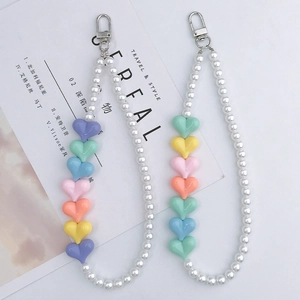 Acrylic pearl lanyard with colorful heart beads and silver lobster clasp for phone cases