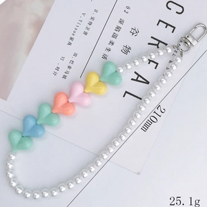 Acrylic pearl heart phone strap charm with colorful resin beads and silver lobster clasp