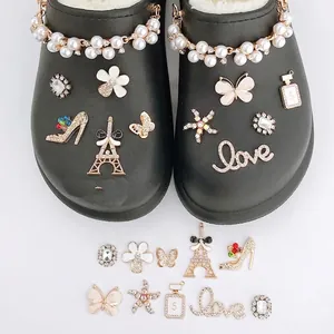 Alloy Rhinestone Shoe Charms For Clogs Decoration Flower Butterfly Eiffel Tower DIY Accessories Elegant Artificial Pearl Embellishments