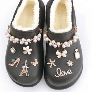 Winter black waterproof cotton slippers with luxury pearl chain and rhinestone charms