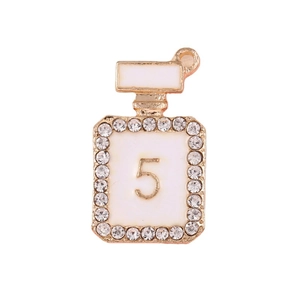 Golden perfume bottle charm with white enamel, number 5 and sparkling crystals