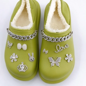 Avocado green winter slipper with fur lining and sparkling silver rhinestone charms