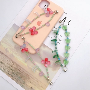 Floral and butterfly beaded phone charm straps with dual chain and metal buckle