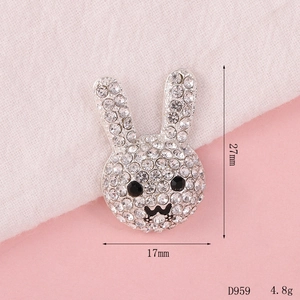 Rhinestone rabbit charm for winter slippers and DIY accessories, 27mm silver bunny head
