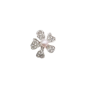 Elegant four-petal silver flower accessory with white pearls and sparkling rhinestones