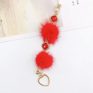 Pendentif en fourrure de lapin rouge avec pierres précieuses et cœur doré pour téléphone