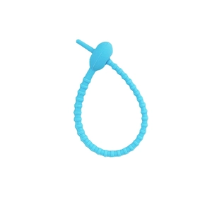 Sky blue silicone cable tie with wave texture and adjustable loop on white background