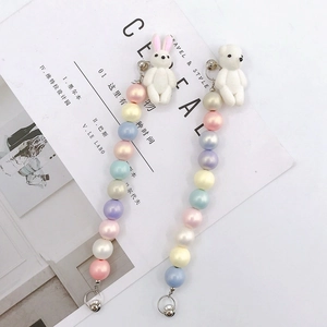 Handmade Macaron Iridescent Beaded Phone Charm Cute Flocked Rabbit Bear Phone Case Chain Girly DIY Beaded Accessory Strap