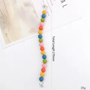 Colorful matte acrylic beaded phone strap handle with silver metal rings and 270mm length