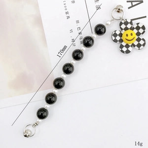 Acrylic sunflower smiley face beaded phone strap with checkerboard floral charm, 170mm