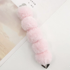 Detail of pink faux rabbit fur pom pom chain with heart-shaped metal clasps for DIY accessories