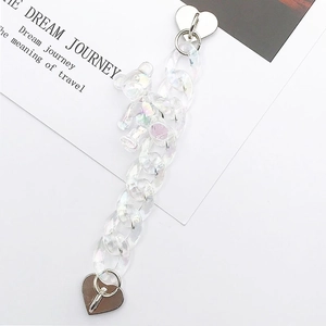 Iridescent acrylic chain with transparent bear charm and silver heart clasp for phone DIY