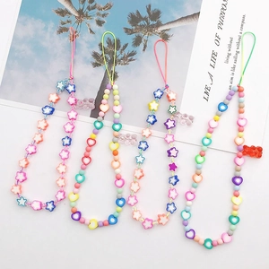 Handmade Colorful Polymer Clay Star Heart Beaded Phone Lanyard Chain With Gummy Bear Charm Anti-Lost Mobile Phone Strap Women