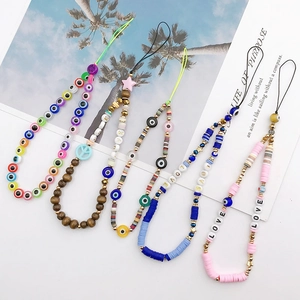 Bohemian Evil Eye Beaded Phone Lanyard Colorful Polymer Clay Wood Bead Phone Charm Strap With LOVE Letters For Women Gift