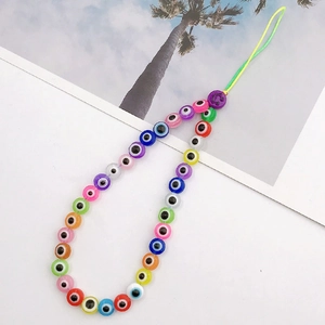 Colorful Bohemian Evil Eye phone strap with wooden beads and purple smiley face bead