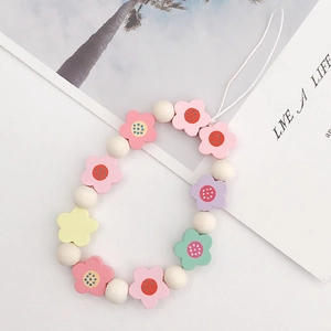 Colorful floral wooden bead phone lanyard with white round beads for charms and keychains