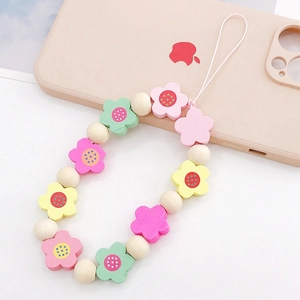Colorful handmade wooden flower bead phone charm strap with pink and yellow accents