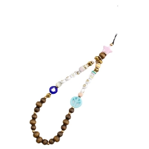 Bohemian evil eye phone charm with wood beads and love letter beads on white background