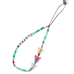 Handmade green clay bead phone strap with LOVE letters and butterfly charms