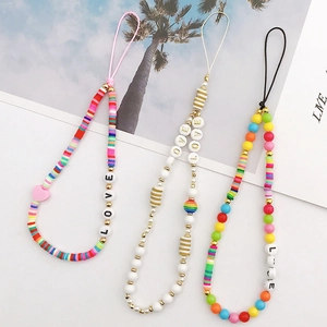 Bohemian Colorful Polymer Clay Beaded Phone Lanyard Love Heart Letter Bead Handmade Phone Case Charm For Women Girls Accessory