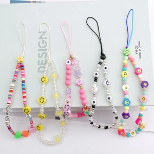 Handmade colorful polymer clay phone charms set with smiley faces and beads