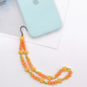 Handmade phone strap with orange star, heart beads, and yellow smiley face charm
